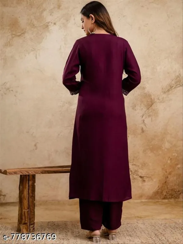 Wine_Rayon_Solid_Straight_Embroidered_Lace_Work_Women_Kurta_And_Bottom_Wear_Festive_Collection