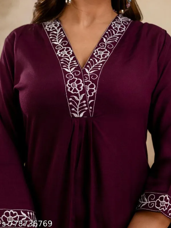 Wine_Rayon_Solid_Straight_Embroidered_Lace_Work_Women_Kurta_And_Bottom_Wear_Festive_Collection
