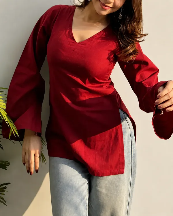 Womens_Solid_Marun_Rayon_V-Neck_Kurti_with_Bell_Sleeves