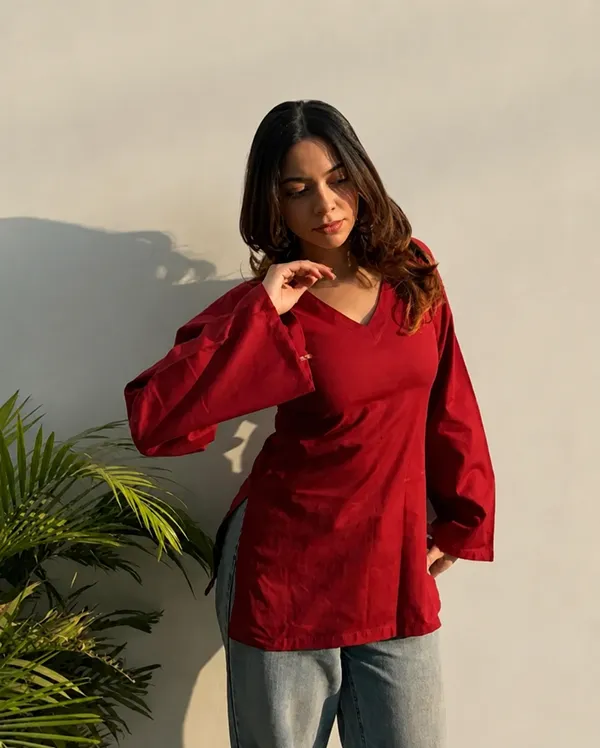 Womens_Solid_Marun_Rayon_V-Neck_Kurti_with_Bell_Sleeves