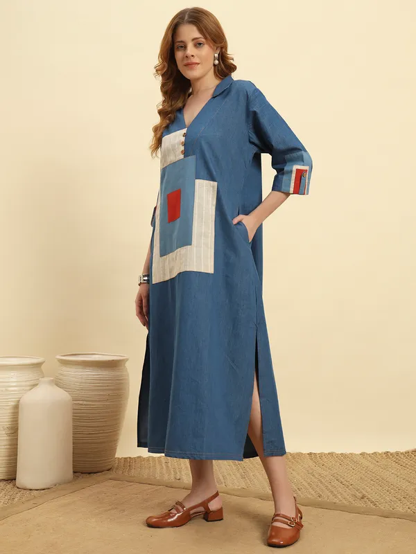 Ocean_Blue_Denim_Patch_Pattern_Dress_For_Women