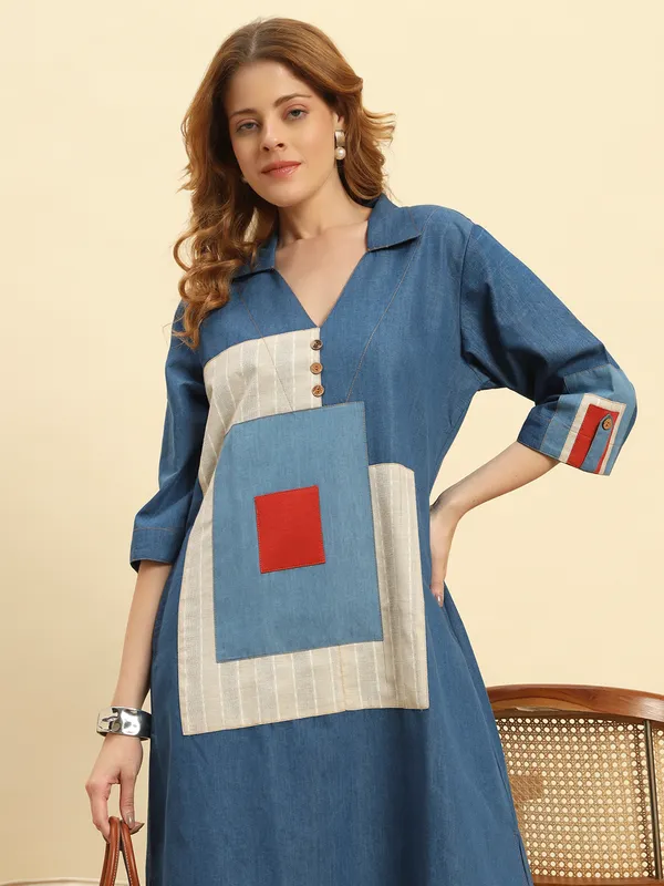 Ocean_Blue_Denim_Patch_Pattern_Dress_For_Women