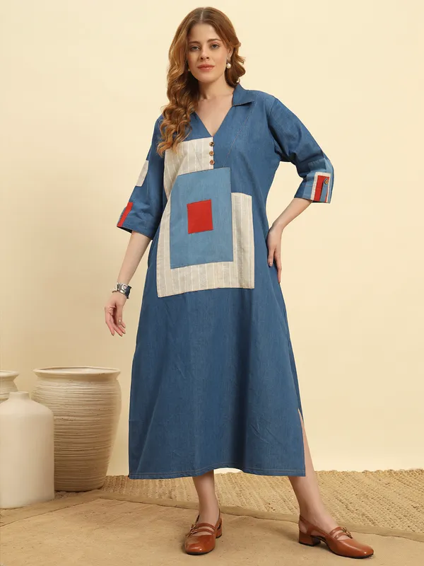 Ocean_Blue_Denim_Patch_Pattern_Dress_For_Women