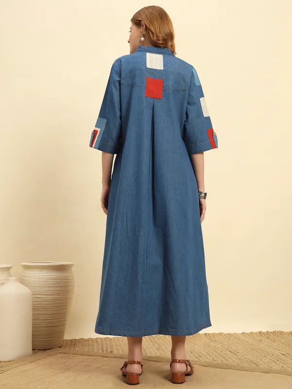 Ocean_Blue_Denim_Patch_Pattern_Dress_For_Women