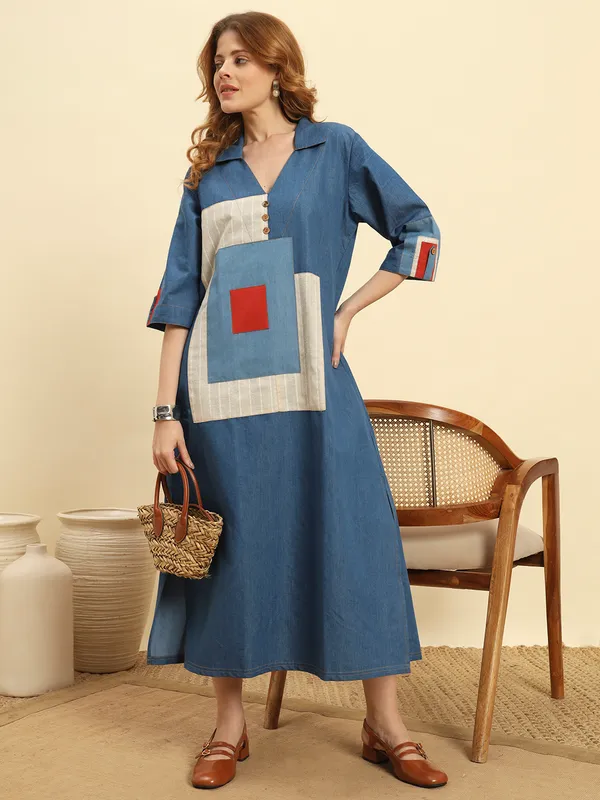 Ocean_Blue_Denim_Patch_Pattern_Dress_For_Women