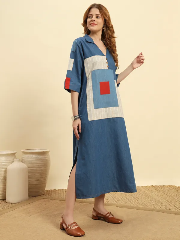 Ocean_Blue_Denim_Patch_Pattern_Dress_For_Women