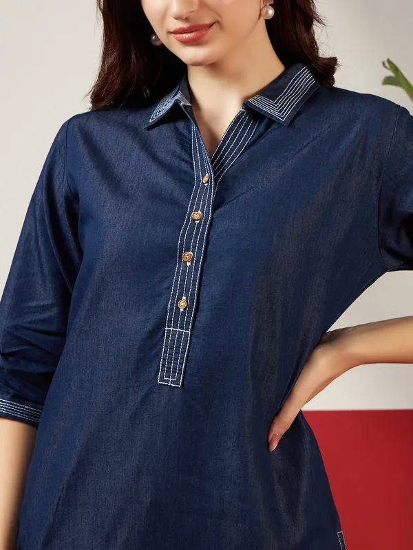 Dark_Blue_Denim_Check_And_Circle_Pattern_Embroidered_Kurta_For_Women(Pack_Of_2)