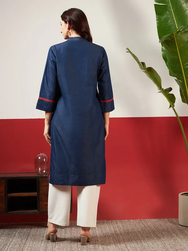 Dark_Blue_Denim_Check_And_Circle_Pattern_Embroidered_Kurta_For_Women(Pack_Of_2)