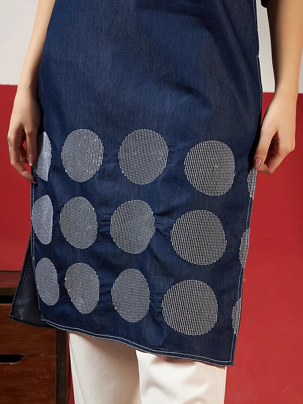 Dark_Blue_Denim_Check_And_Circle_Pattern_Embroidered_Kurta_For_Women(Pack_Of_2)