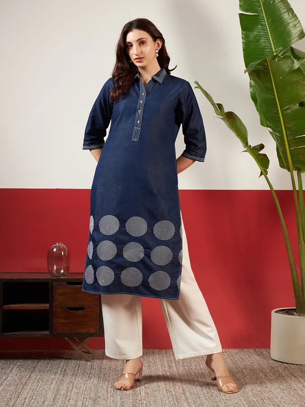 Dark_Blue_Denim_Check_And_Circle_Pattern_Embroidered_Kurta_For_Women(Pack_Of_2)