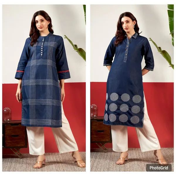 Dark_Blue_Denim_Check_And_Circle_Pattern_Embroidered_Kurta_For_Women(Pack_Of_2)