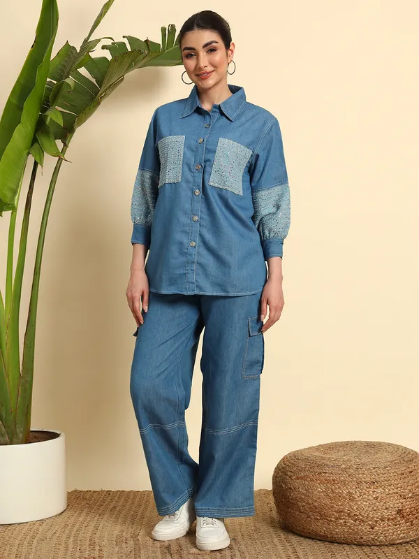 Medium_Blue_Denim_Co-Ord_Set_Set_With_Sequence_Work_For_Women