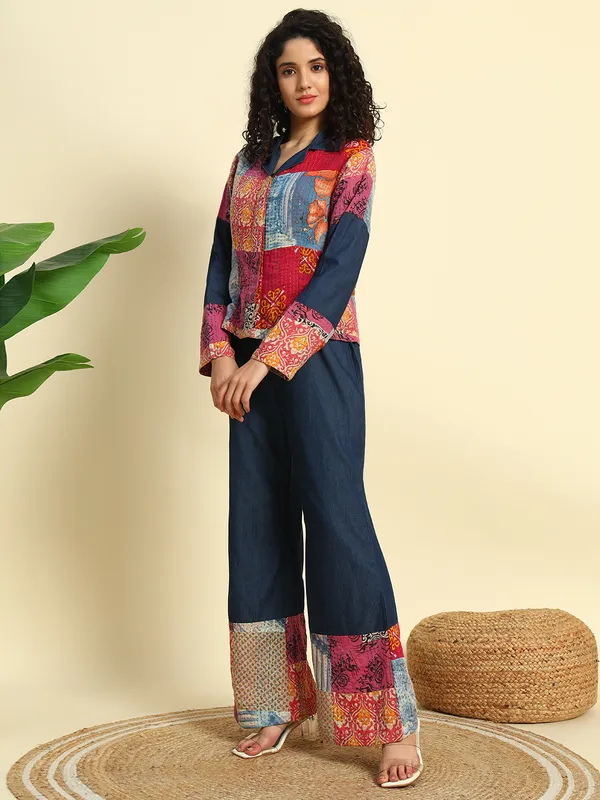 Dark_Blue_&_Silk_Fabric_Denim_Co-Ord_Set_With_Kantha_Patch_Work_For_Women