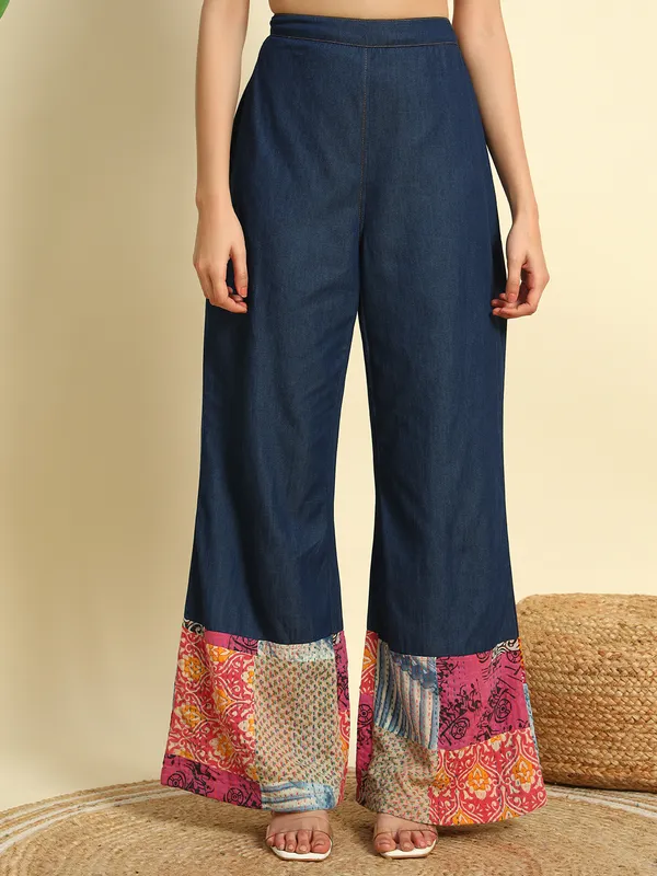 Dark_Blue_&_Silk_Fabric_Denim_Co-Ord_Set_With_Kantha_Patch_Work_For_Women