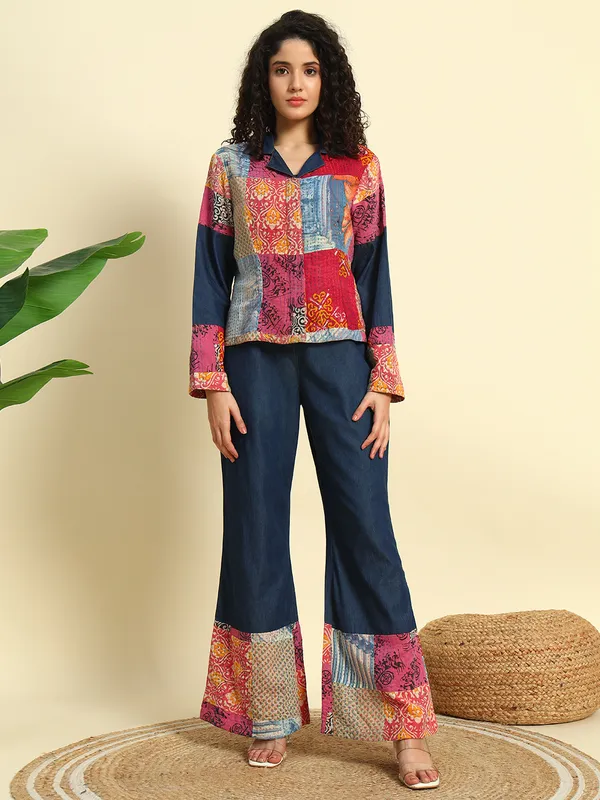 Dark_Blue_&_Silk_Fabric_Denim_Co-Ord_Set_With_Kantha_Patch_Work_For_Women