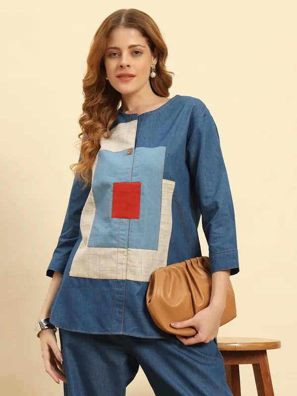 Ocean_Blue_Denim_Patch_Pattern_Co-Ord_Set_For_Women