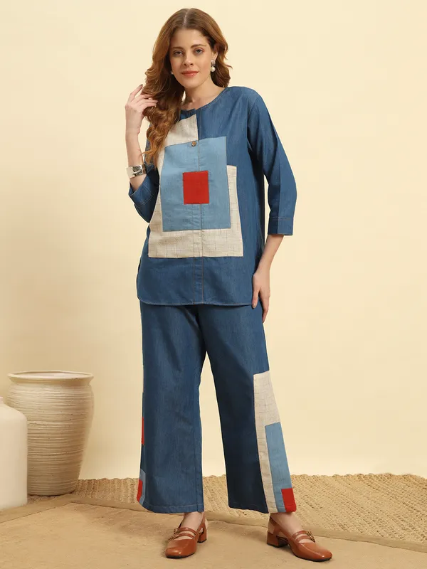 Ocean_Blue_Denim_Patch_Pattern_Co-Ord_Set_For_Women