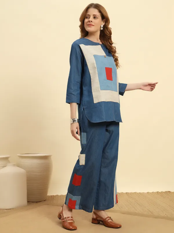 Ocean_Blue_Denim_Patch_Pattern_Co-Ord_Set_For_Women