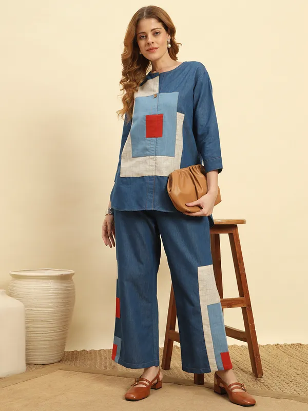 Ocean_Blue_Denim_Patch_Pattern_Co-Ord_Set_For_Women
