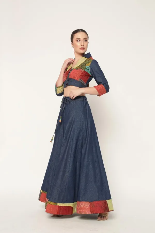 Dark_Blue_Denim_Skirt_&_Top_With_Kantha_Patch_Work_For_Women