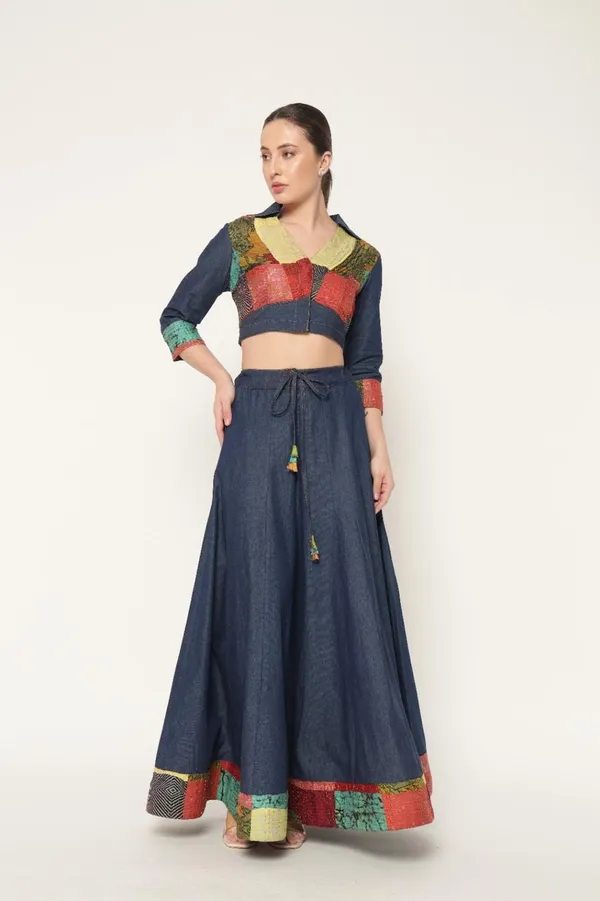 Dark_Blue_Denim_Skirt_&_Top_With_Kantha_Patch_Work_For_Women