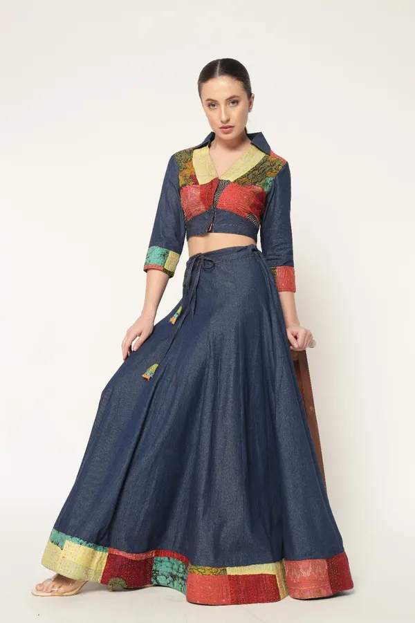 Dark_Blue_Denim_Skirt_&_Top_With_Kantha_Patch_Work_For_Women