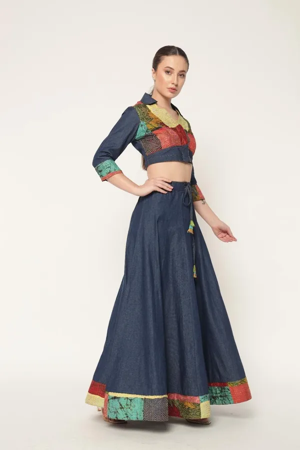 Dark_Blue_Denim_Skirt_&_Top_With_Kantha_Patch_Work_For_Women