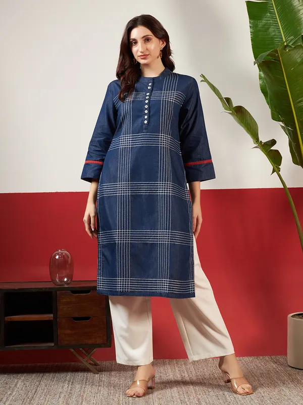 Dark_Blue_Denim_Check_Pattern_Embroidered_Kurta_For_Women