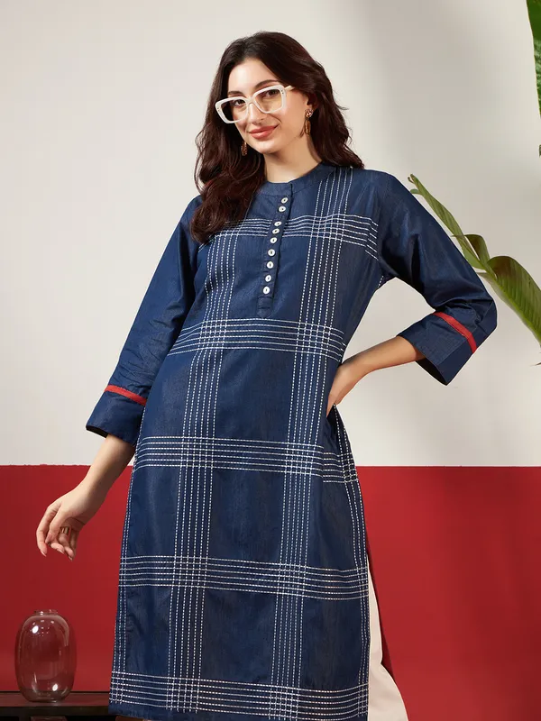 Dark_Blue_Denim_Check_Pattern_Embroidered_Kurta_For_Women