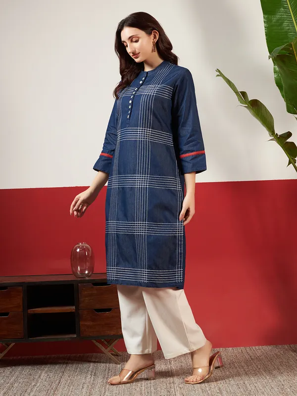 Dark_Blue_Denim_Check_Pattern_Embroidered_Kurta_For_Women