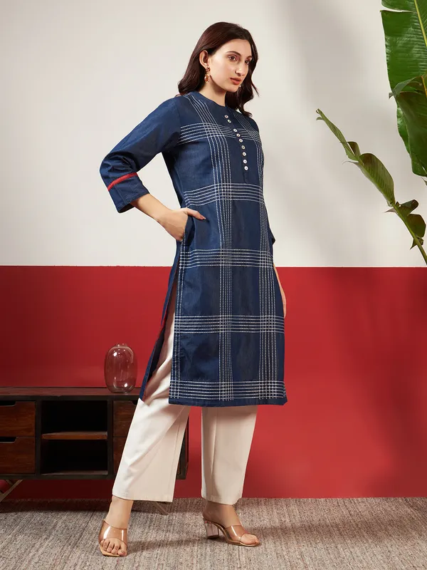 Dark_Blue_Denim_Check_Pattern_Embroidered_Kurta_For_Women