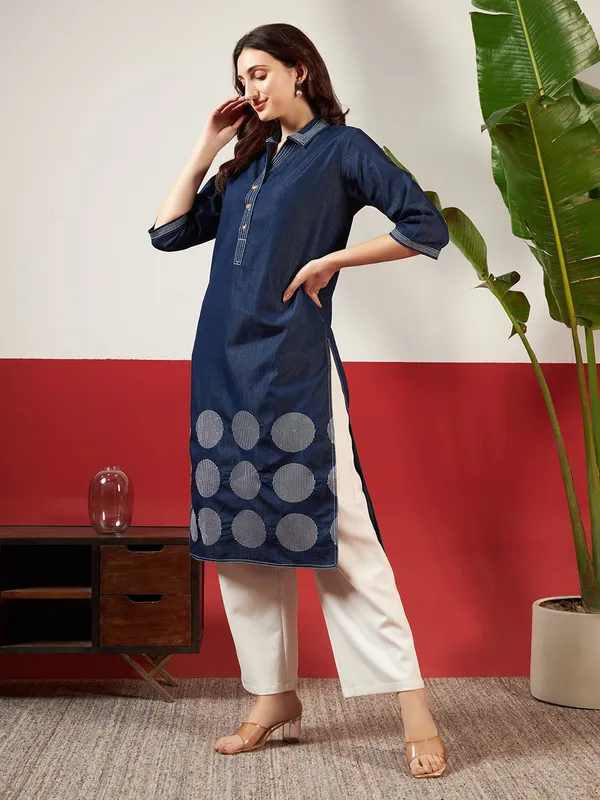 Navy_Blue_Denim_Circle_Embroidered_Kurta_For_Women