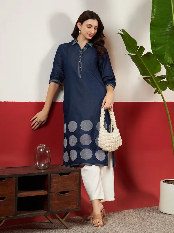Navy_Blue_Denim_Circle_Embroidered_Kurta_For_Women