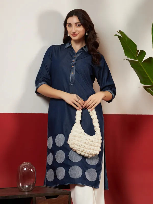 Navy_Blue_Denim_Circle_Embroidered_Kurta_For_Women
