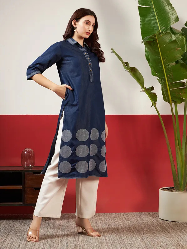 Navy_Blue_Denim_Circle_Embroidered_Kurta_For_Women