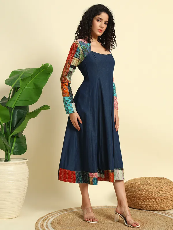 Dark_&_Medium_Blue_Denim_Dress_With_Kantha_Patch_Work_For_Women
