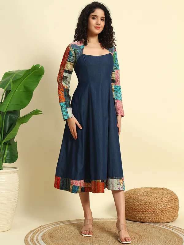 Dark_&_Medium_Blue_Denim_Dress_With_Kantha_Patch_Work_For_Women