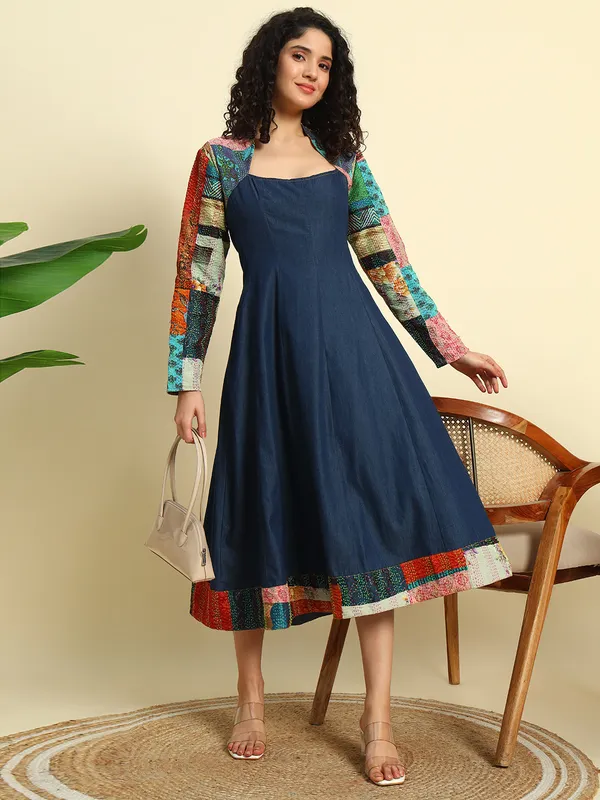 Dark_&_Medium_Blue_Denim_Dress_With_Kantha_Patch_Work_For_Women