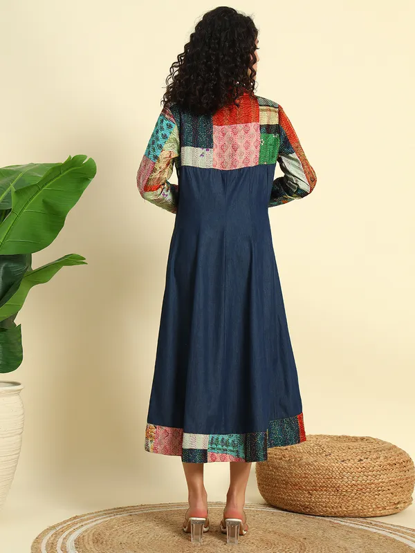 Dark_&_Medium_Blue_Denim_Dress_With_Kantha_Patch_Work_For_Women