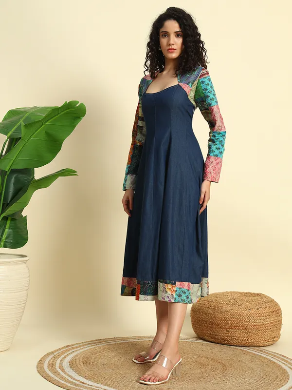 Dark_&_Medium_Blue_Denim_Dress_With_Kantha_Patch_Work_For_Women