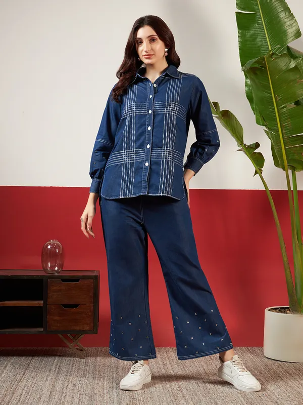 Medium_Blue_Denim_Hand_Painted_Co-Ord_Set_Set_For_Women
