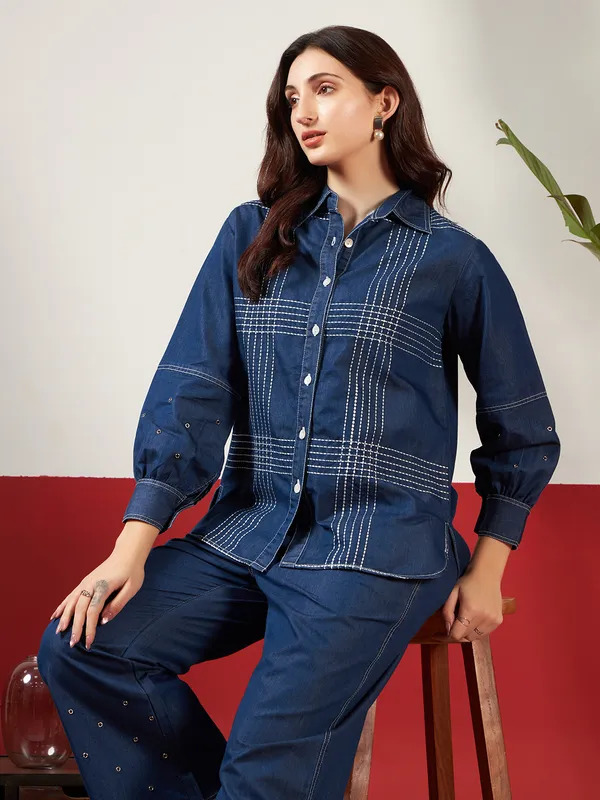 Medium_Blue_Denim_Hand_Painted_Co-Ord_Set_Set_For_Women