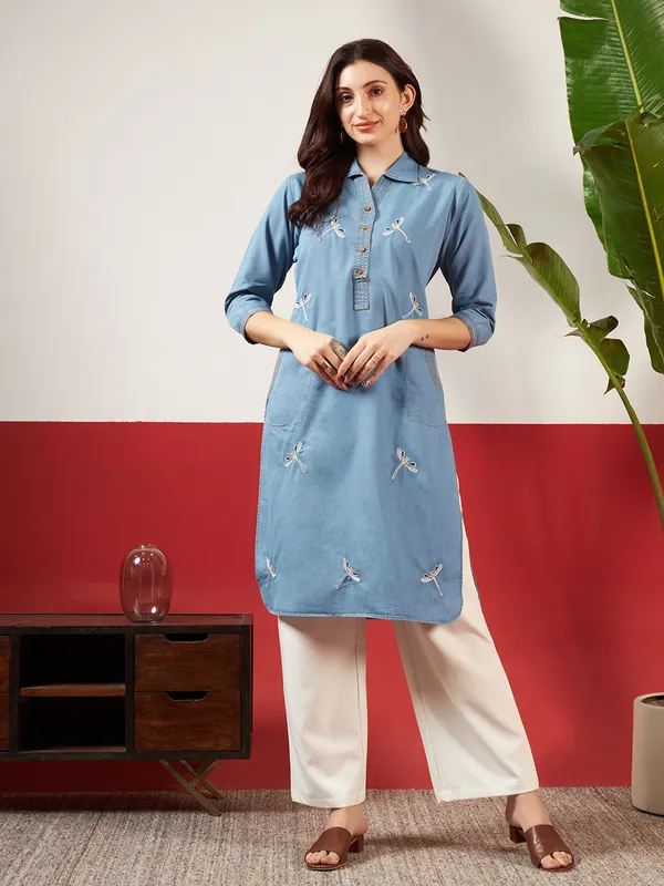 Medium_Blue_Denim_Embroidered_Kurta_For_Women