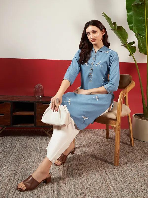Medium_Blue_Denim_Embroidered_Kurta_For_Women