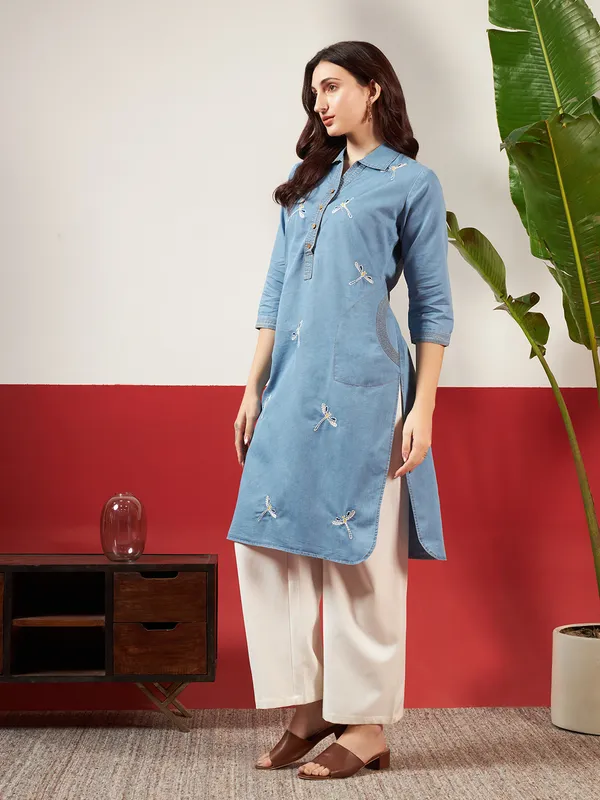 Medium_Blue_Denim_Embroidered_Kurta_For_Women