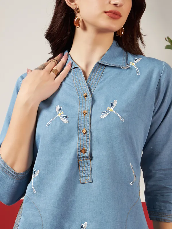 Medium_Blue_Denim_Embroidered_Kurta_For_Women