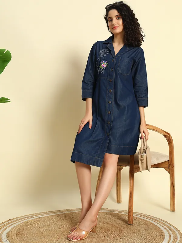 Dark_Blue_Denim_Embroidered_Coat_Pattern_Dress_For_Women