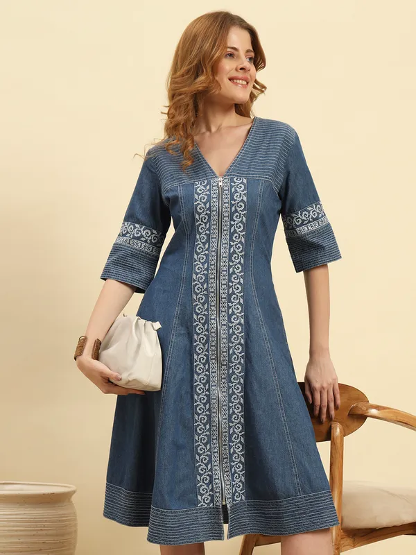 Dark_Blue_Denim_Front_Open_Embroidered_Dress_For_Women