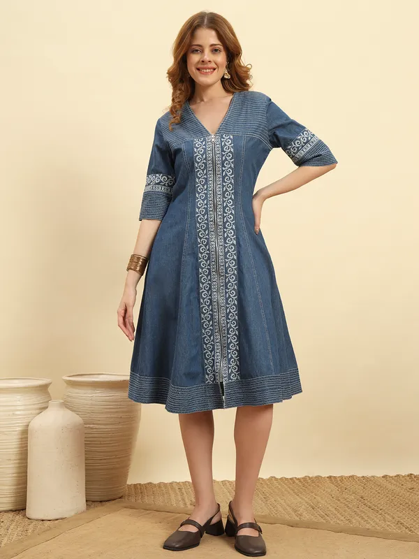 Dark_Blue_Denim_Front_Open_Embroidered_Dress_For_Women