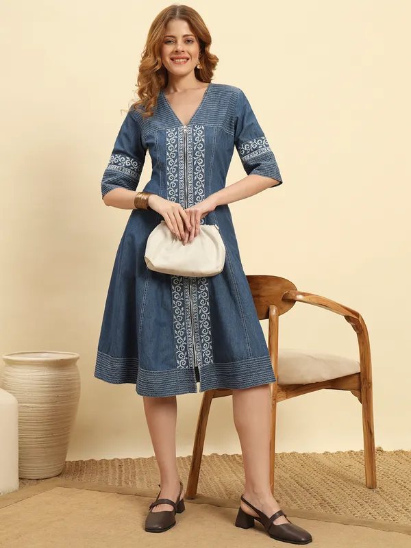 Dark_Blue_Denim_Front_Open_Embroidered_Dress_For_Women
